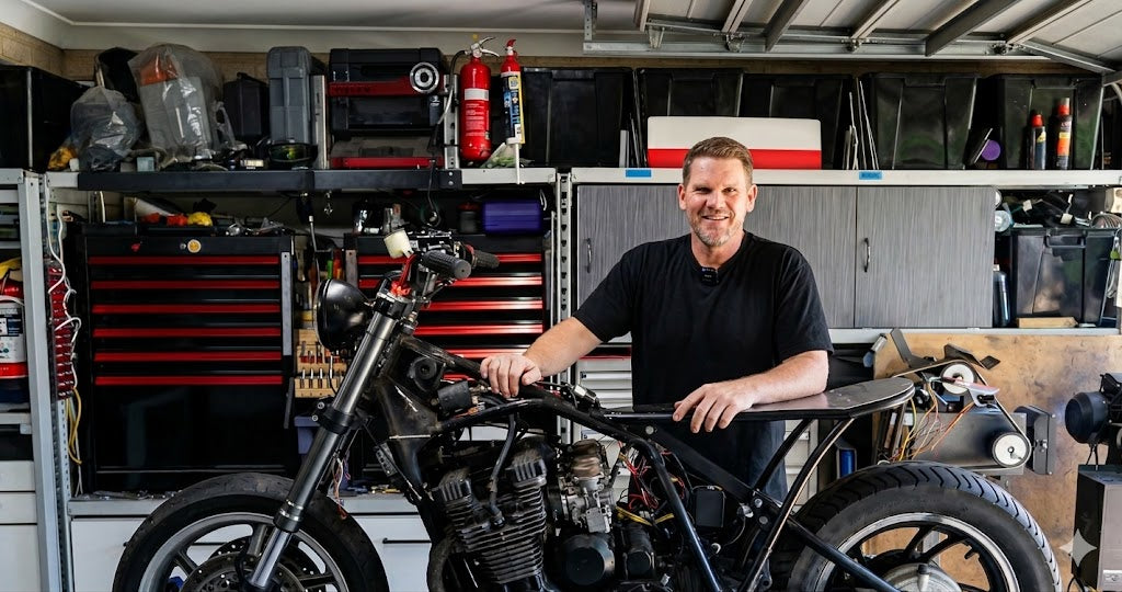 Dan filming a build in the Cafe Racer Garage workshop